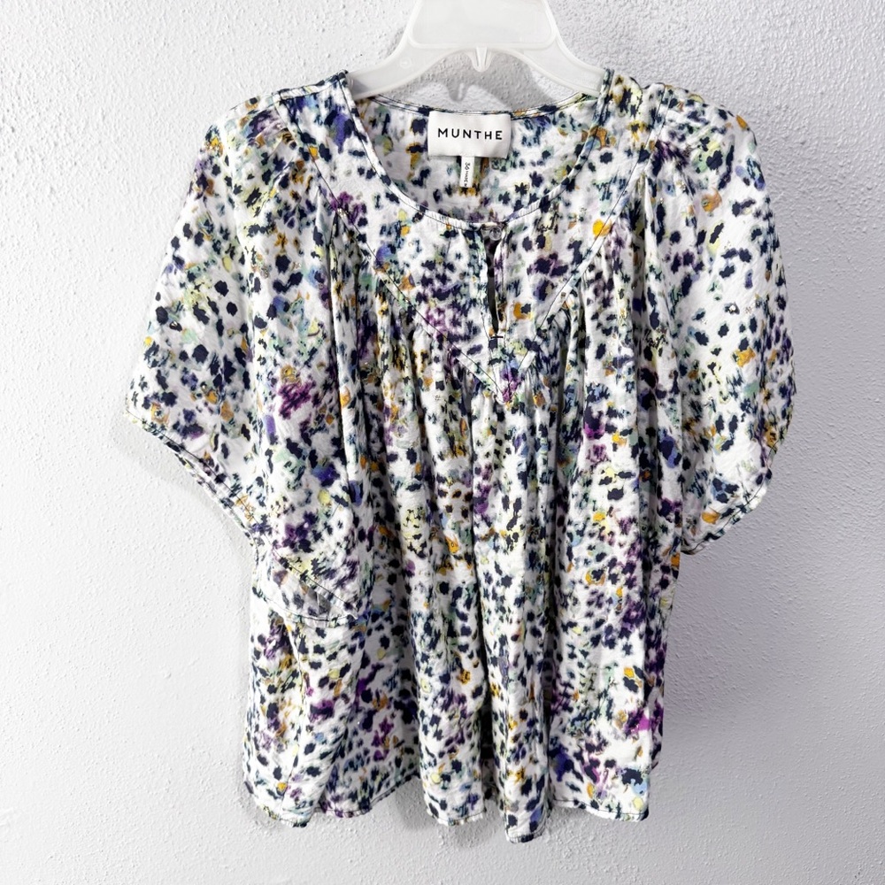 Munthe Purple and White Flutter Sleeve Blouse Vaige yoke top size 6